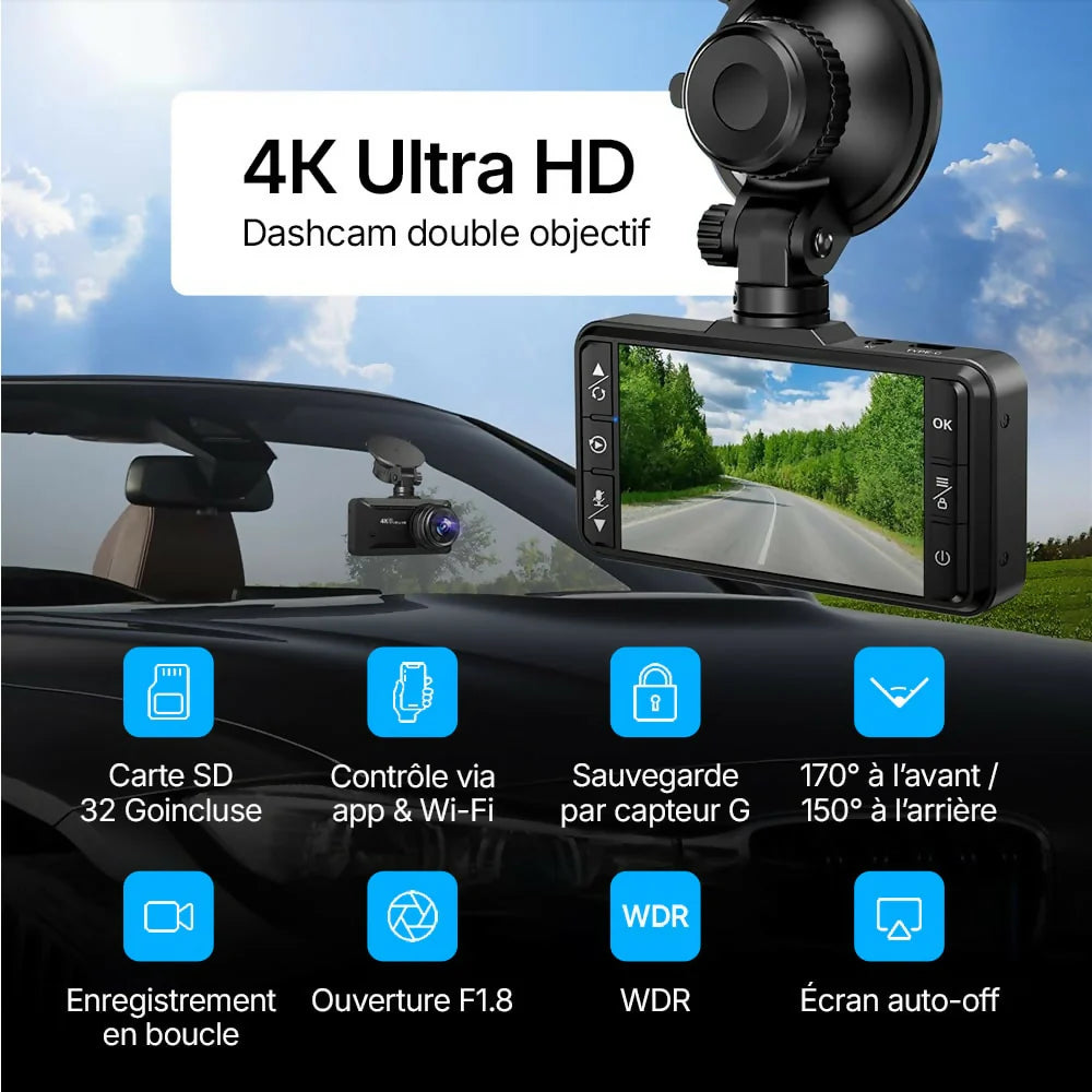 Dashcam 4K Pro – Enregistrement Ultra HD avec caméras avant/arrière, vision nocturne et surveillance 24h/24