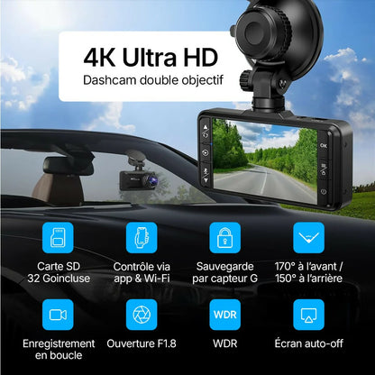 Dashcam 4K Pro – Enregistrement Ultra HD avec caméras avant/arrière, vision nocturne et surveillance 24h/24